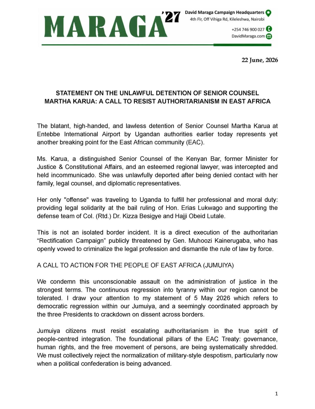 STATEMENT ON THE UNLAWFUL ARREST OF SENIOR COUNSEL MARTHA KARUA : A CALL TO RESIST AUTHORITARIANISM IN EAST AFRICA